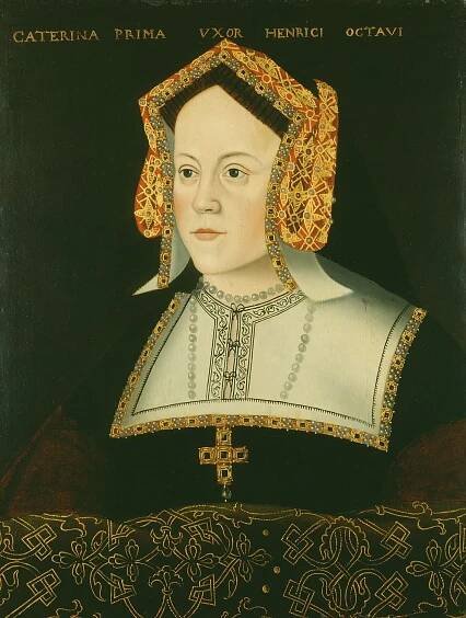 A portrait of a Tudor queen dressed in rich black and gold clothing and English hood. She wears a cross at her breast