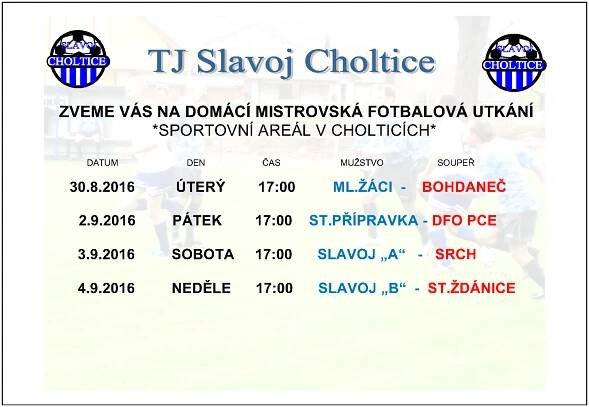 Pozvánka na domácí mistrovská utkání - TJ Slavoj Choltice