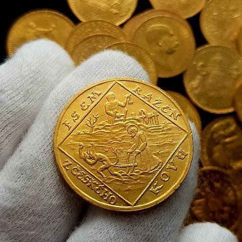 Zlatá 4 dukátová medaile - Jsem ražen z českého kovu 1928  - Numismatika