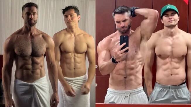 Marc Buckner and Timo Hagen pose shirtless