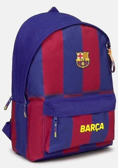 Striped red and blue backpack with FC Barcelona crest and 'Barça' text on the front pocket