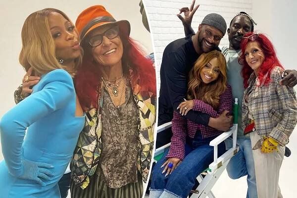 Bresha Webb and Patricia Fields on left smiling and Bresha Webb and cast on the right smiling.