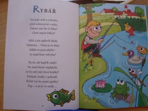 an open children's book about fishing with pictures of fish and frog on it