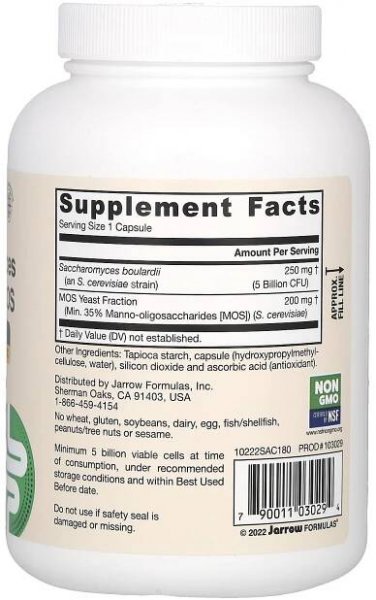 Jarrow Formulas, Veganské Saccharomyces boulardii + MOS, 5 miliard KTJ, 180 rostlinných kapslí 