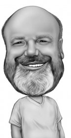Karikatura vousatého muže z fotografie v legračním přehnaném černobílém stylu
