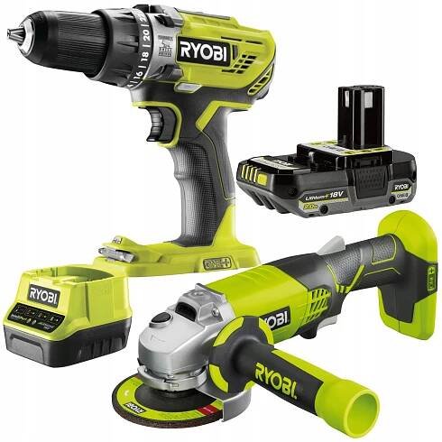 RYOBI VRTAČKA AKU ŠROUBOVÁK UDAR 50Nm R18PD3+ÚHLOVÁ BRUSKA R18AG +2AH