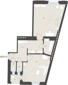 Bytová jednotka č. 43 o dispozici 2+kk a podlahové ploše 65,1 m2