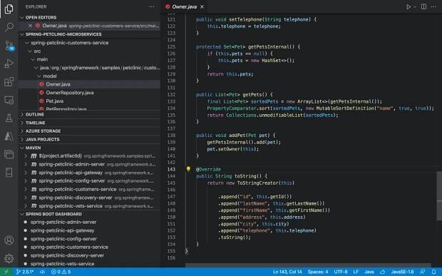 Screenshot of Visual Studio Code that shows a Java file and sidebar pane.