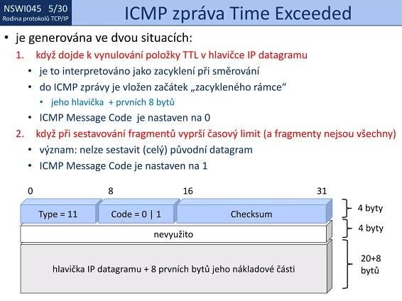 NSWI021 1/30
Rodina protokolů TCP/IP
NSWI045 5/30
Rodina protokolů TCP/IP
• je generována ve dvou situacích:
1. když dojde k vynulování položky TTL v hlavičce IP datagramu
• je to interpretováno jako zacyklení při směrování
• do ICMP zprávy je vložen začátek „zacykleného rámce“
• jeho hlavička + prvních 8 bytů
• ICMP Message Code je nastaven na 0
2. když při sestavování fragmentů vyprší časový limit (a fragmenty nejsou všechny)
• význam: nelze sestavit (celý) původní datagram
• ICMP Message Code je nastaven na 1
ICMP zpráva Time Exceeded
hlavička IP datagramu + 8 prvních bytů jeho nákladové části
0 8 16 31
nevyužito
Type = 11 Code = 0 | 1 Checksum
4 byty
4 byty
20+8
bytů
 