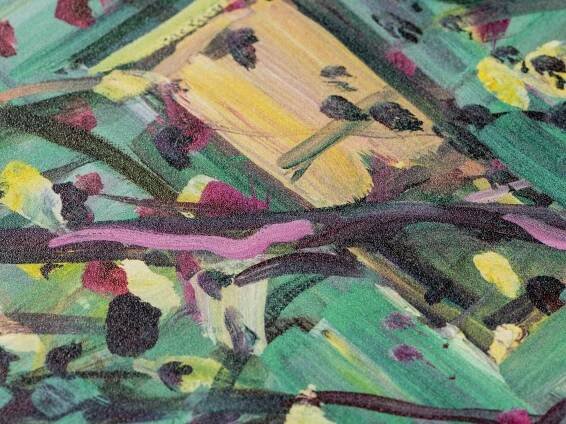 a close-up detail of a print edition by Deborah Brown with flecks of purple and yellow leaves against a green building