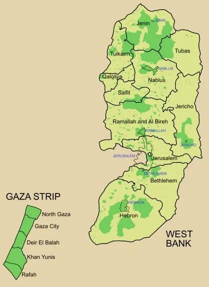 Mapa Západního břehu Jordánu a Pásma Gazy. Území pod palestinskou samosprávou jsou tmavě zelená, území pod správou Izraele jsou zelenožlutá