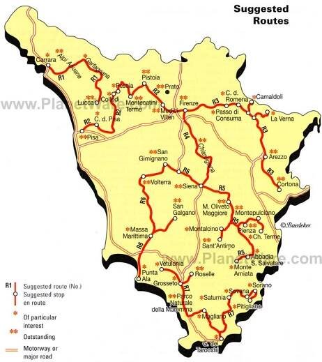 Tuscany - Suggested Tour Routes Map - Tourist Attractions