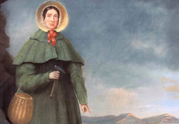 A woman in 19th century attire with a basket and a rock hammer