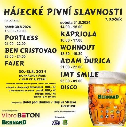 Kam za kulturou - HÁJECKÉ PIVNÍ SLAVNOSTI - 30. a 31. 8. 2024 v Dohnálkově parku v Háji ve Slezsku. - Háj ve Slezsku