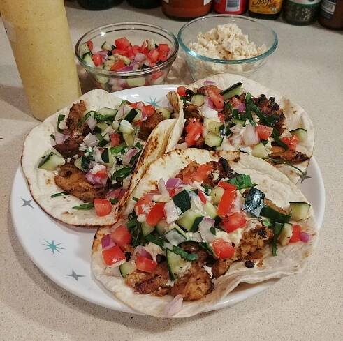 chickwheat shawarma cucumber salsa tofeta sauce vegan vegetarian radiohead