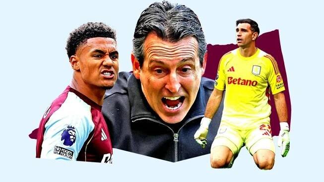 Collage of Aston Villa players and manager.