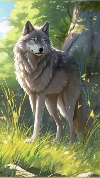 a painting of a wolf standing in the grass
