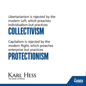Libertarianism is rejected by the modern Left, which preaches individualism but practices collectivism. Capitalism is rejected by the modern Right, which preaches enterprise but practices protectionism. —Karl Hess (The Death of Politics)