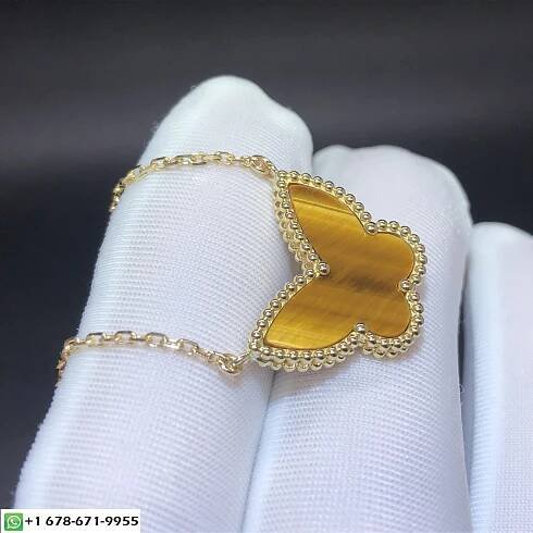 Van Cleef & Arpels Lucky Alhambra Butterfly Pendant Custom Made in 18K Yellow Gold with Tiger Eye