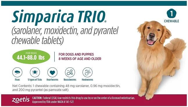 Simparica Trio Chewable Tablets for Dogs - 44.1-88 lbs, Green Box