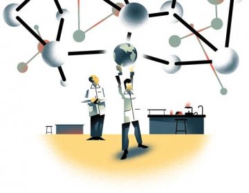 Illustration of a scientist holding a globe above his head. They are surrounded by other scientists and lab equipment and a chemical model floats above it all.
