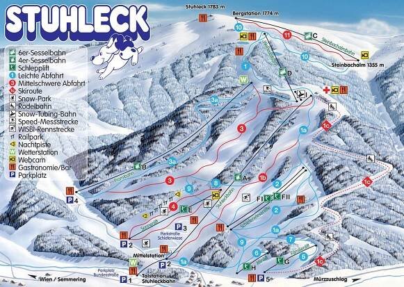 Semmering - Stuhleck - lyžařská mapa, skimapa sjezdovek a lanovek, zimní panorama ski areálu