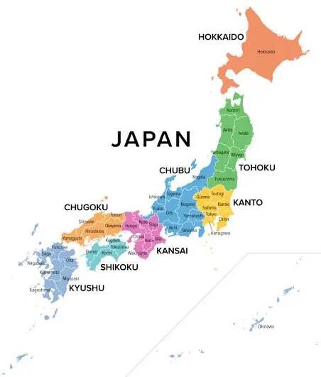 Regions of Japan, divided into 47 prefectures, multi colored political map
