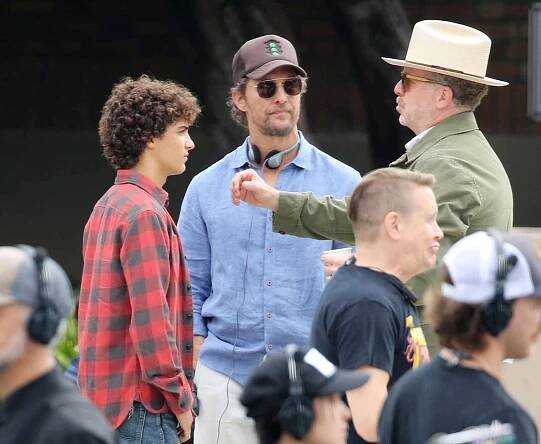  Levi McConaughey is spotted for the first time as an actor alongside father Matthew McConaughey on the set of Way of the Warrior Kid in Los Angeles. Matthew was on the sidelines with McG during scenes of the new Chris Pratt movie.