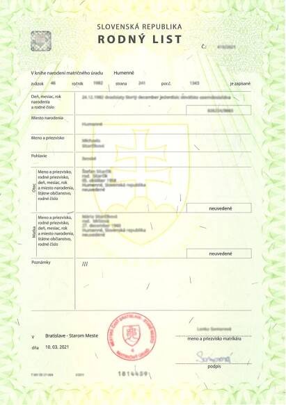 Apostila rodného listu - JUDr. Michalíková, advokát - Legalizačné centrum