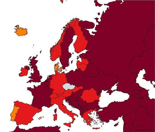 Belgie a Dánsko se přesunou do červené kategorie seznamu zemí podle míry rizika nákazy. Finsko, Irsko a Malta budou oranžové, Island zelený