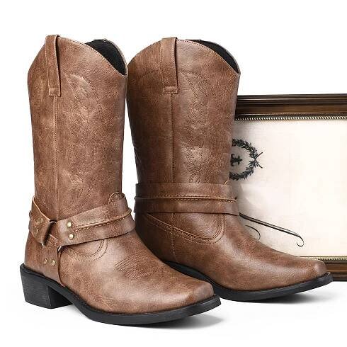 *'s Vintage-Style Cowboy Boots with Zip Closure - Durable Rubber Sole, *, Double Straps & *, Brown, Everyday Footwear