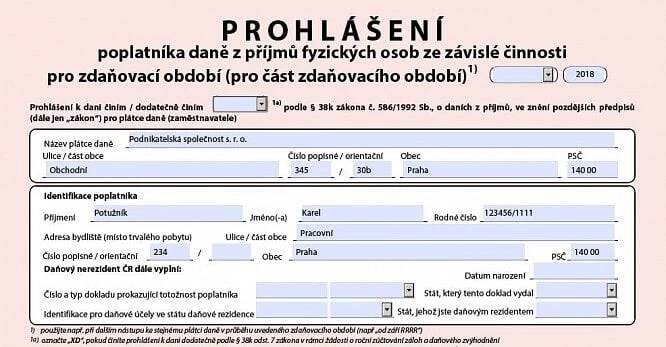 Vyplňujeme nový vzor prohlášení poplatníka pro rok 2018 - Podnikatel.cz