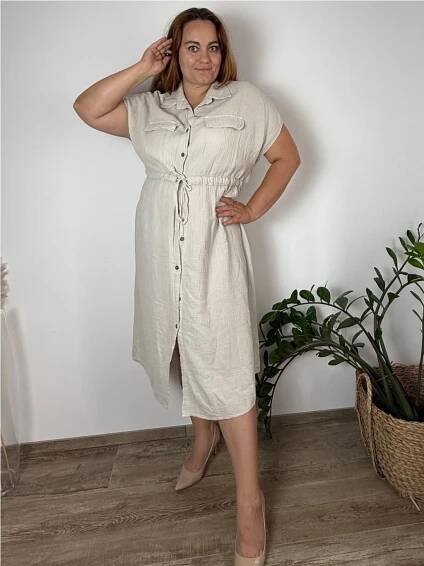 Šaty košilové letní stahovací mušelín krátký rukáv dámské nadrozměr  GITA (46/48/50 ONE SIZE) ITALSKÁ MÓDA IM425296/DUR (Velikost 46/48/50, Barva béžová)