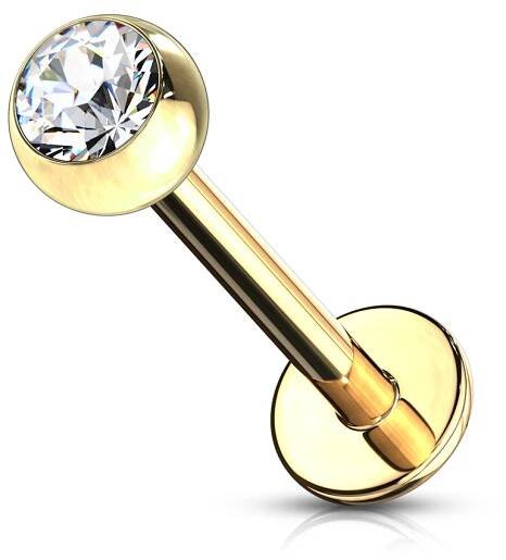 Pozlacený piercing do brady - labreta 1,2 x 6 mm, čirý zirkon