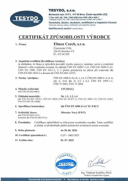 Certifikace - Elmoz Czech, s.r.o.
