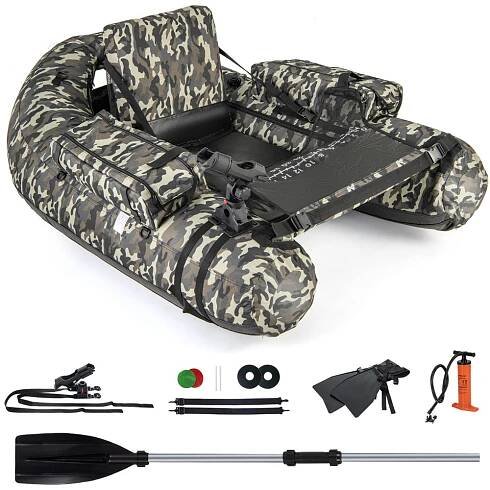 Produktbild von GOPLUS Bellyboat, Belly Boat bis 150 kg belastbar, aufblasbares Schlauchboot zum Angeln mit Paddel, Pumpe,146 x 109 x 44 cm, Camouflage