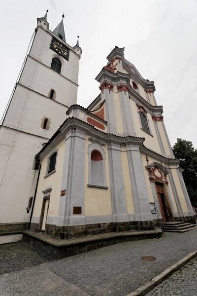 Litoměřice - Kostelní náměstí - View SE on Děkanský kostel Všech svatých - Gothic Bell Tower - Rest of the Church turned Baroque 1719 by Octavio Broggio