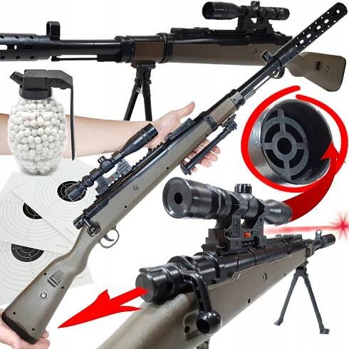 ŠTUKOVÁ LOVECKÁ PUŠKA NA KULIČKY 6 MM SNIPERKA ASG LASER + GRANÁT KULIČEK