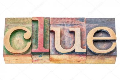 Download - Clue  - isolated word abstract in letterpress wood type printing blocks stained by color inks — Stock Image