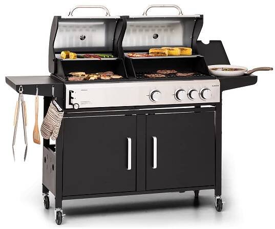 Klarstein Kingsville 3.1, kombinovaný gril na plyn a dřevěné uhlí, 10,9 kW, 3+1 hořáky, výškově nastavitelný