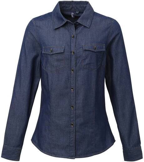 Dámská košile s dlouhým rukávem Premier Workwear Women ́s Jeans Stitch Denim Shirt Indigo Denim