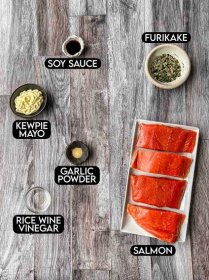 labeled ingredients for furikake salmon.