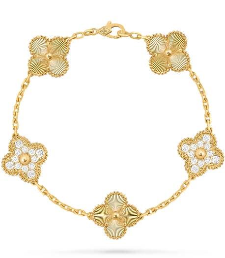 Vintage Alhambra bracelet, 5 motifs 18K yellow gold, Diamond - Van Cleef & Arpels