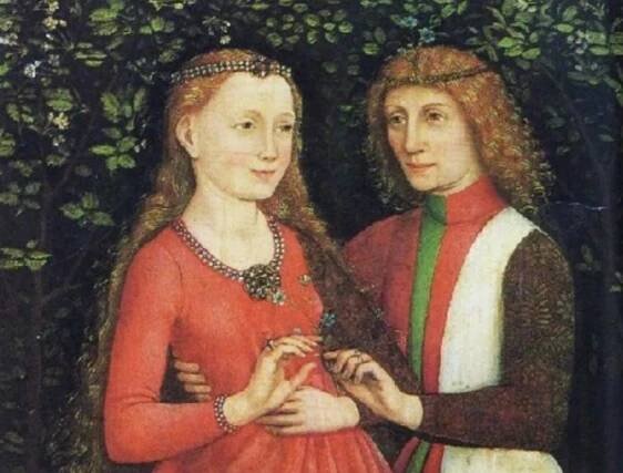 Maximilian giving a diamond ring to Mary of Burgundy. Image: hemmahoshilde.wordpress.com