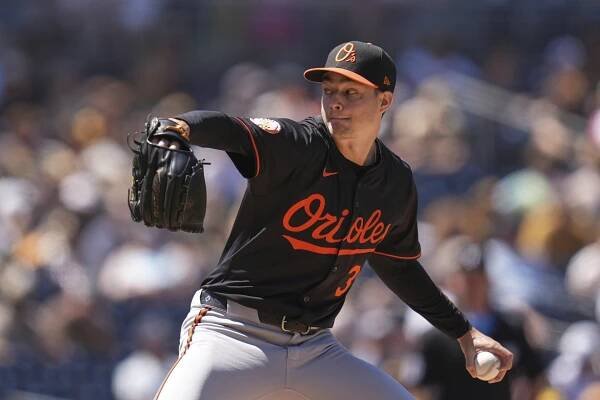 Baltimore Orioles pitcher throwing a baseball.