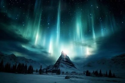 Bezplatný obrázek: Majestátní digitální umělecké dílo krajina polární záře v pozadí vrcholu hory
