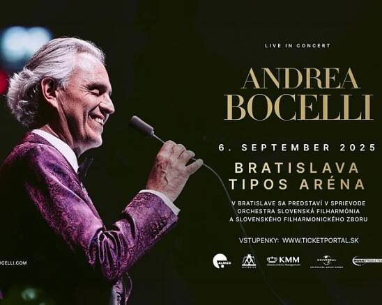 Svetoznámy taliansky tenorista Andrea Bocelli vystúpi v Bratislave 6. septembra 2025 - Andrera Bocelli v Bratislave s telesami Slovenskej filharmónie 