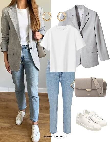 Outfit Jean Claro, Grey Blazer Women Outfit, Chinos Women Outfit, Blazer Outfit, Job Clothes, Capsule Wardrobe Women, Casual Work Outfits Women, Fashion Capsule Wardrobe, Outfit Jeans