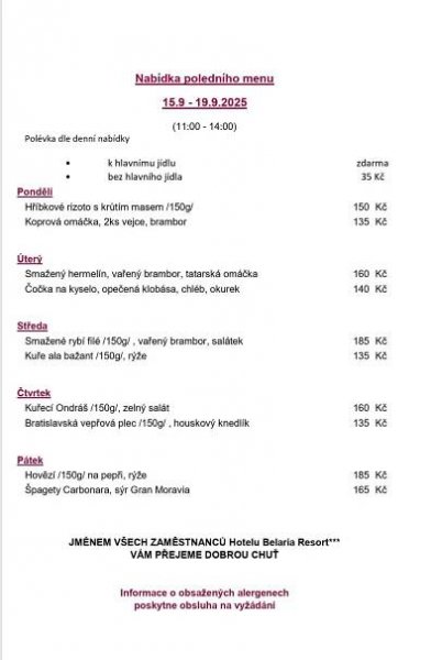 POLEDNÍ MENU 15.9.-19.9.2025 - Aktuality | Hotel Belaria