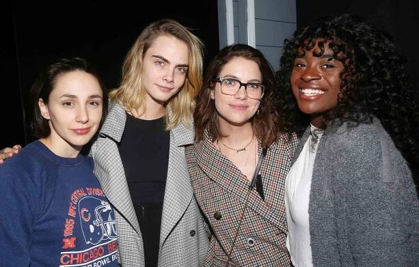 Lauren Patten, Cara Delevingne, Asley Benson and Celia Rose Gooding pose backstage at the new Alanis Morissette musical "Jagged Little Pill" on Broadway at The Broadhurst Theatre on November 20, 2019 in New York City